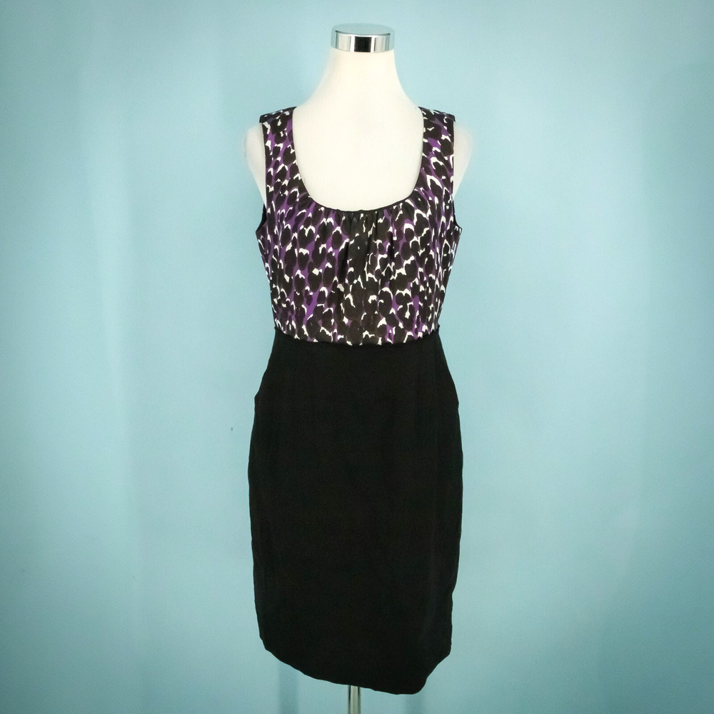 Elie Tahari Size 10 Purple Black Print Scoop Neck Sleeveless Sheath Career Dress